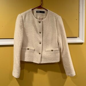 Zara winter white cropped blazer gold buttons pockets M